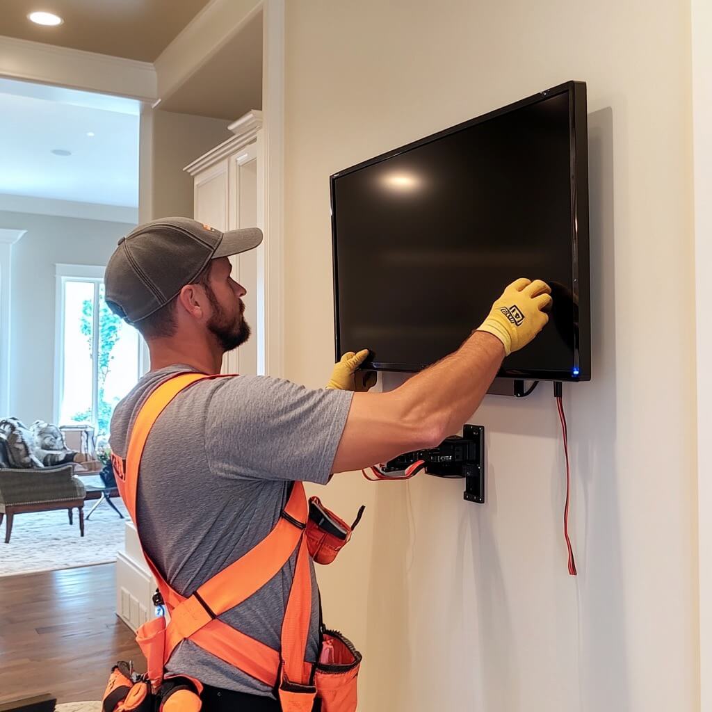 a tv installer positioning a screen on a wall